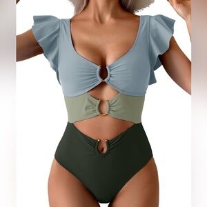 B2prity One Piece Cut Out Swimsuit Women’s US Size L Ruffle Tie Back Sexy NWT